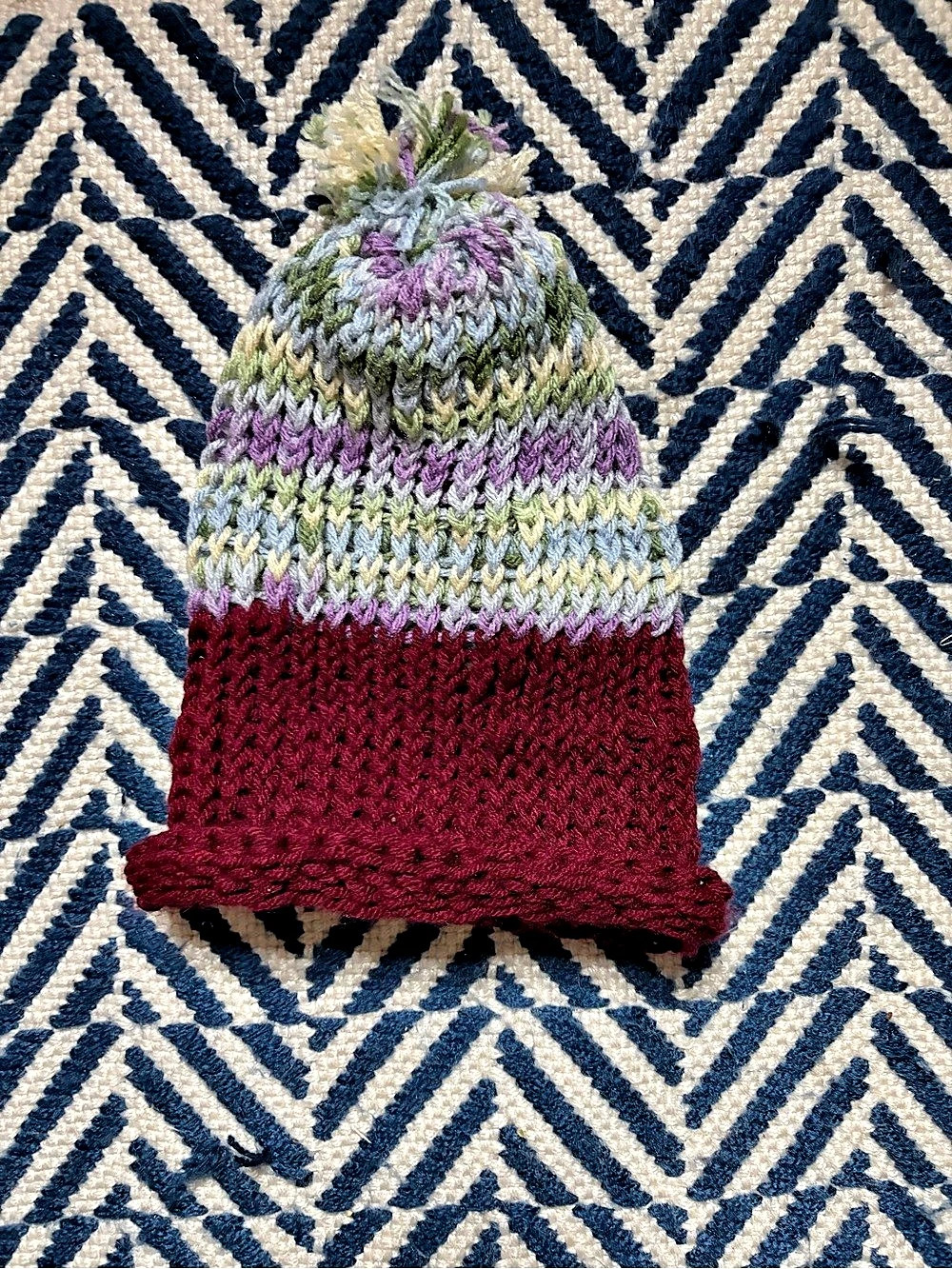 Striped Knit Pom-Pom Hat in Burgundy